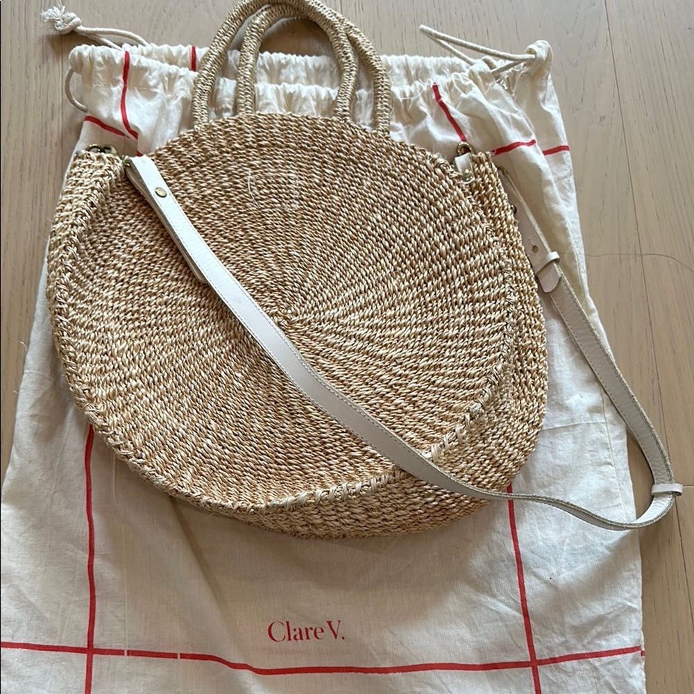 Clare V. Round Straw Tote with Cream Leather Strap